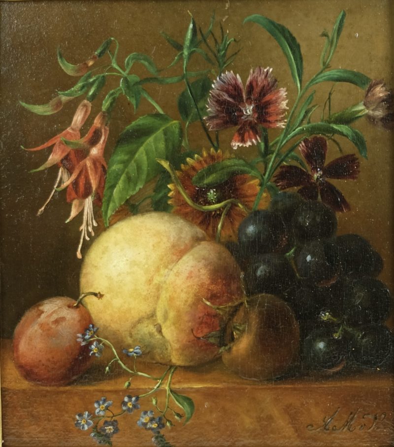 Anna Maria van Veeren 1806-1890 - Fruit and flower still-life on a marble ledge, Oil on panel - detail 1