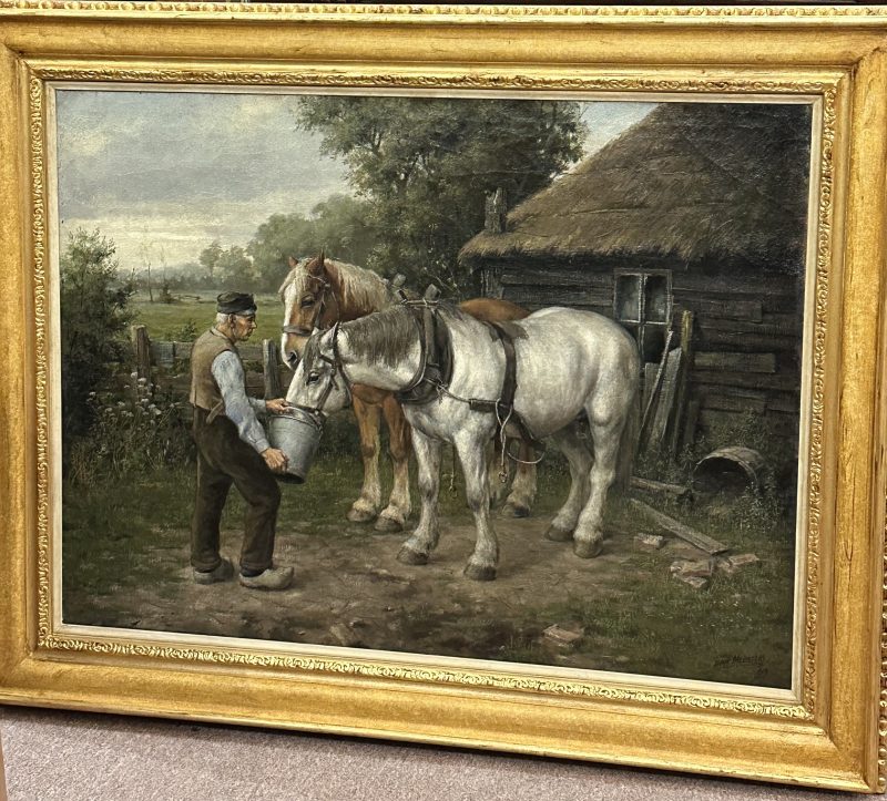 Dirk Meesters 1899-1950 - Feeding the horses in front of a stable, Oil on canvas