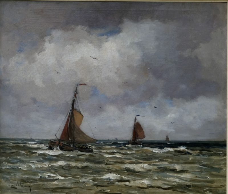 Cees van Waning 1861-1929 - Bomschuiten at the Dutch coast, Oil on canvas - detail 1
