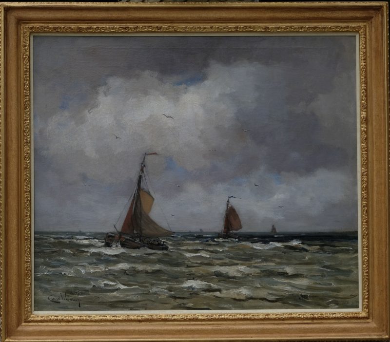 Cees van Waning 1861-1929 - Bomschuiten at the Dutch coast, Oil on canvas - detail 2