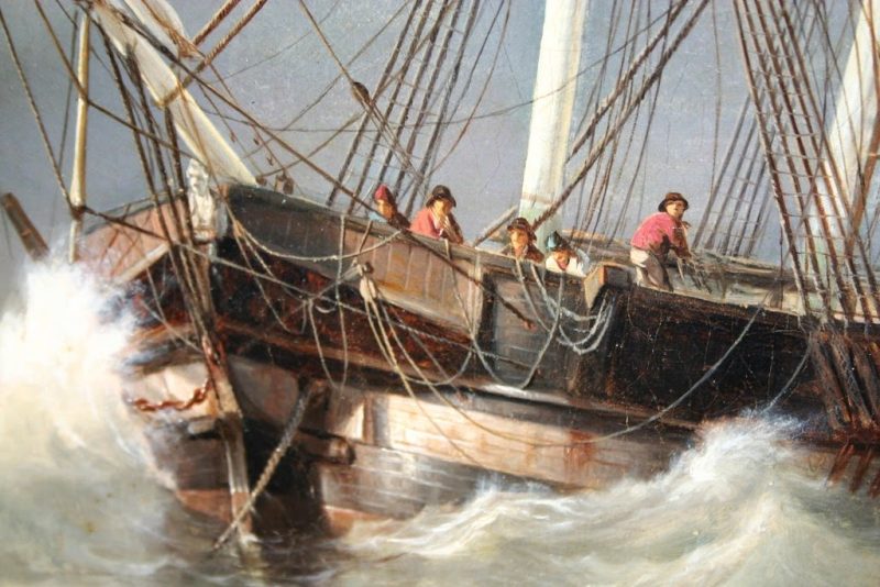 Johannes Frederick Schutz 1817-1888 - Raising the anchor, shipping on a choppy sea, oil on canvas