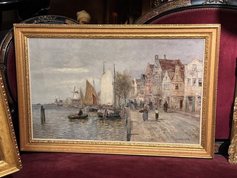 Karl Wagner 1839-1923 - Dutch fishing town with fishing ships., oil on canvas
