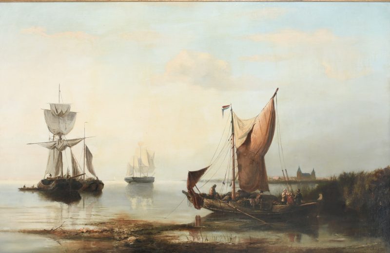 Nicolaas Riegen Amsterdam 1827-1889 - Shipping in a calm, oil on canvas