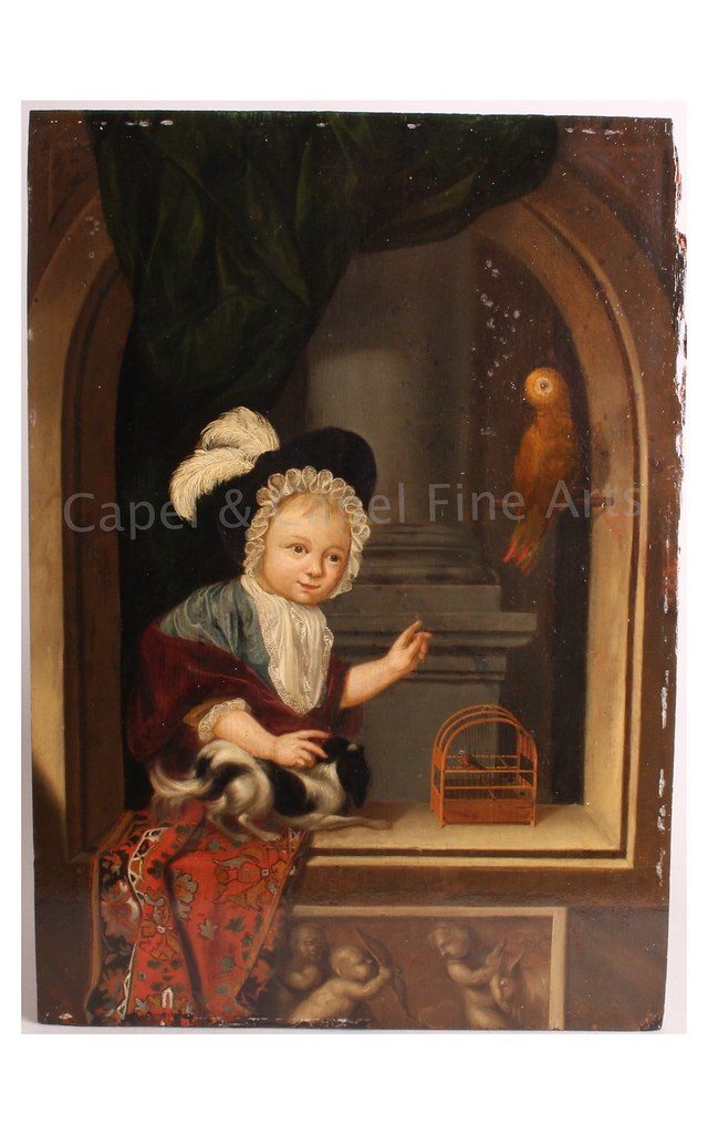 Abraham Toorenvliet 1685-1735 - A boy in a window with a parrot and dog, oil on panel