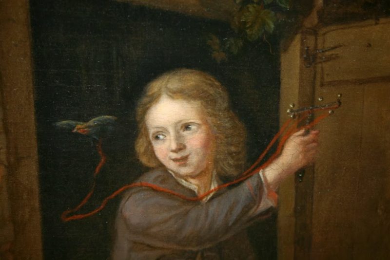 Arnold Houbraken 1660-1719 - A boy standing in a doorway holding  a finch on a string, Oil on canvas - detail 1