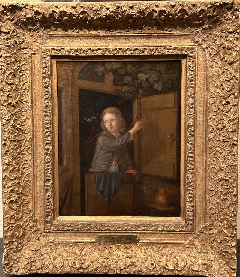 Arnold Houbraken 1660-1719 - A boy standing in a doorway holding a finch on a string, Oil on canvas - detail 2