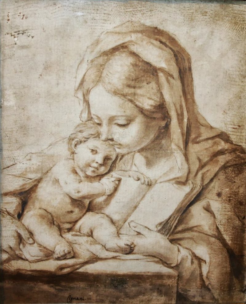Carlo Cignani 1628-1719 - Virgin and Child, Sepia on paper - detail 1