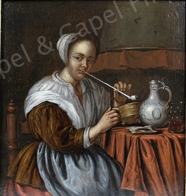 Edward Collier 1640-1708 - Interior with a woman smoking., oil on panel - detail 1