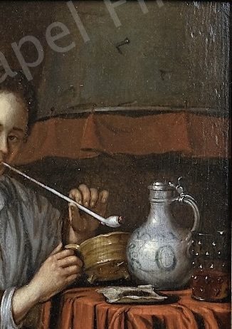 Edward Collier 1640-1708 - Interior with a woman smoking., oil on panel - detail 2