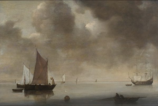 Jan van de Cappelle Amsterdam 1626-1679 - Shipping in a calm, Oil on panel - detail 1