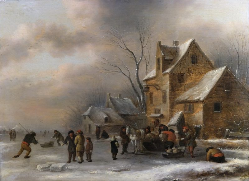 Klaes Molenaer 1626-1676 - Klaes molenaer, winter landscape with horse and sledge and people skating