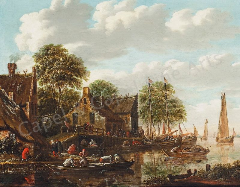 Thomas Heeremans 1641-1697 - Village riverlandscape with boats and figures, oil on panel